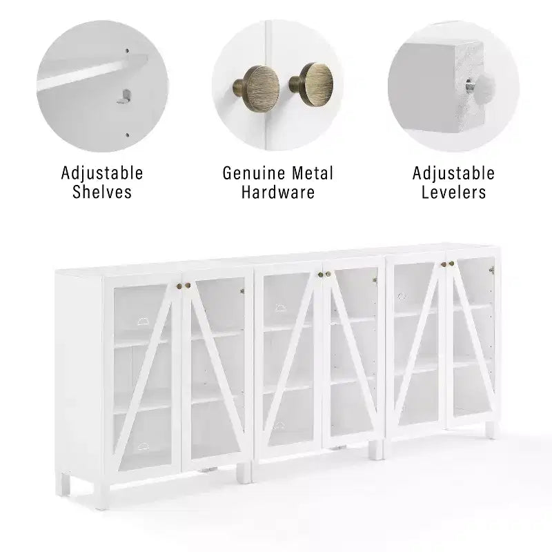 90" 3-Piece Media Sideboard Cabinet Set, Modern Farmhouse Style with Glass Doors and Adjustable Shelves