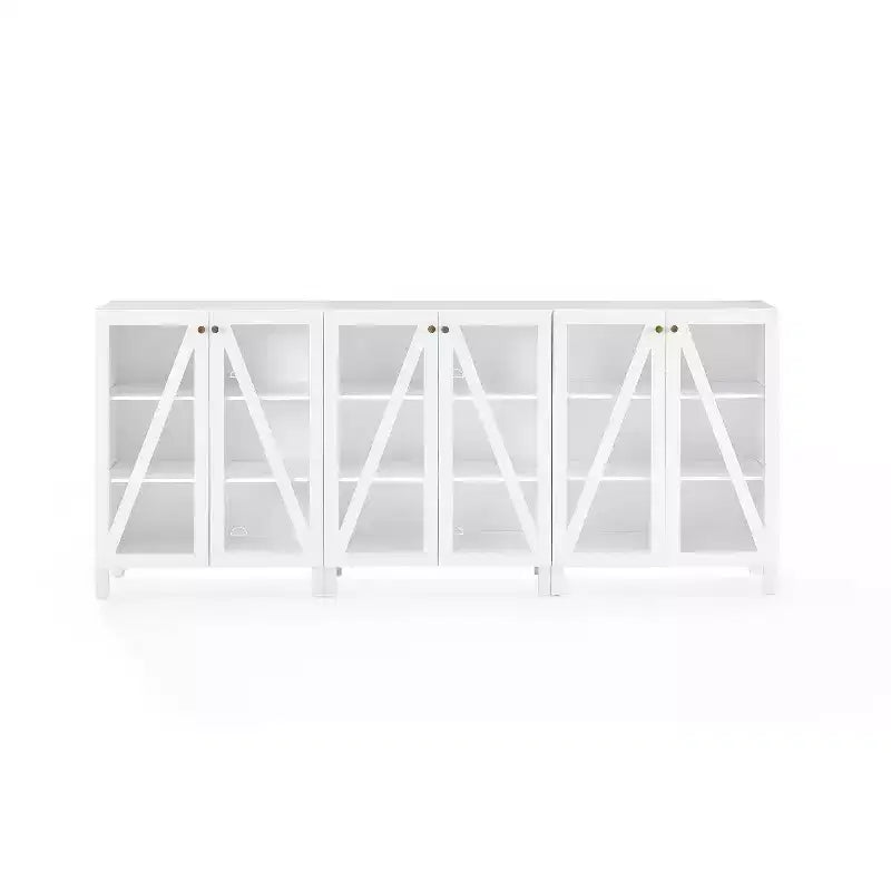 90" 3-Piece Media Sideboard Cabinet Set, Modern Farmhouse Style with Glass Doors and Adjustable Shelves
