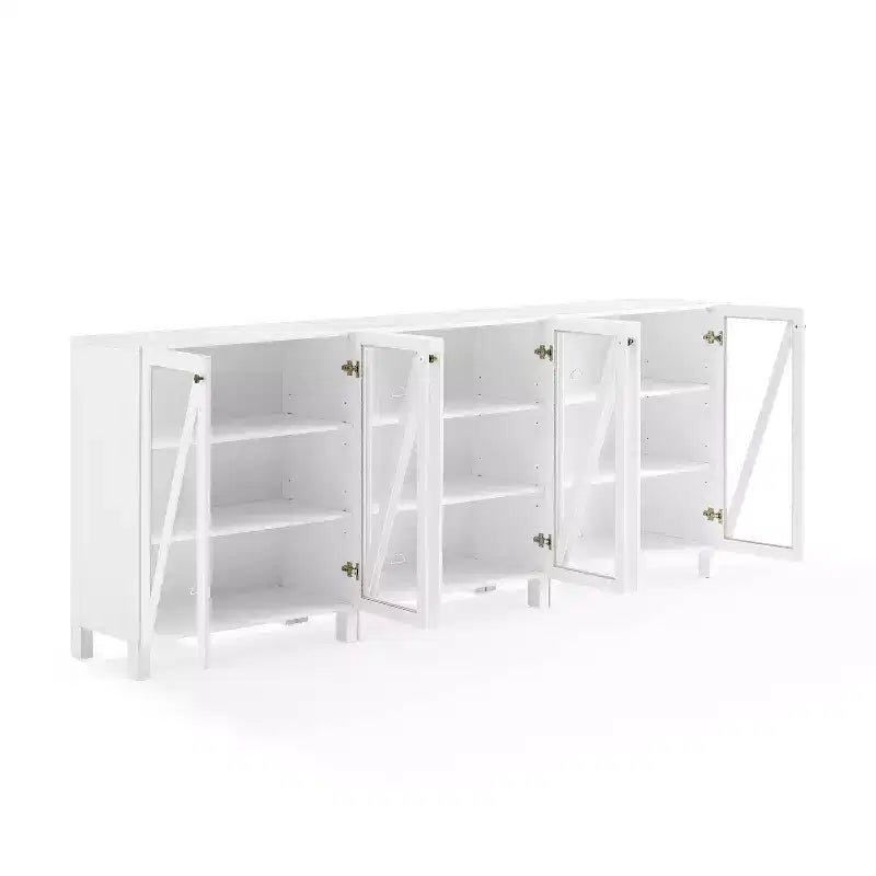 90" 3-Piece Media Sideboard Cabinet Set, Modern Farmhouse Style with Glass Doors and Adjustable Shelves